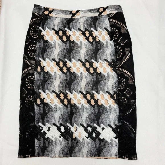 NWOT Endless Rose Lace Chevron Midi Skirt Black Cream Nude Anthropologie Size 6 - Picture 2 of 7